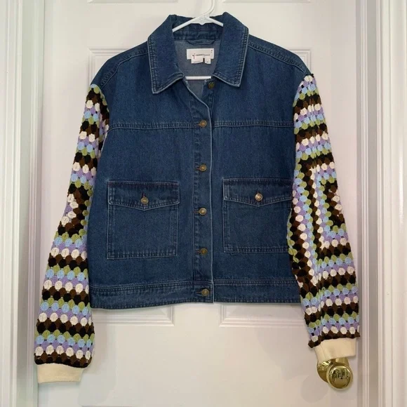 Anthropologie Crochet-Sleeve Denim Jacket Size Small
